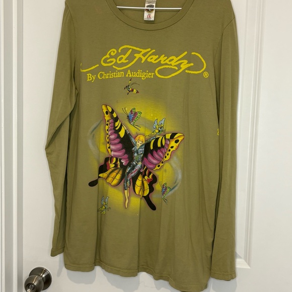 Ed Hardy Tops - Ed Hardy Olive Green Long Sleeve Tee with Butterfly Graphic